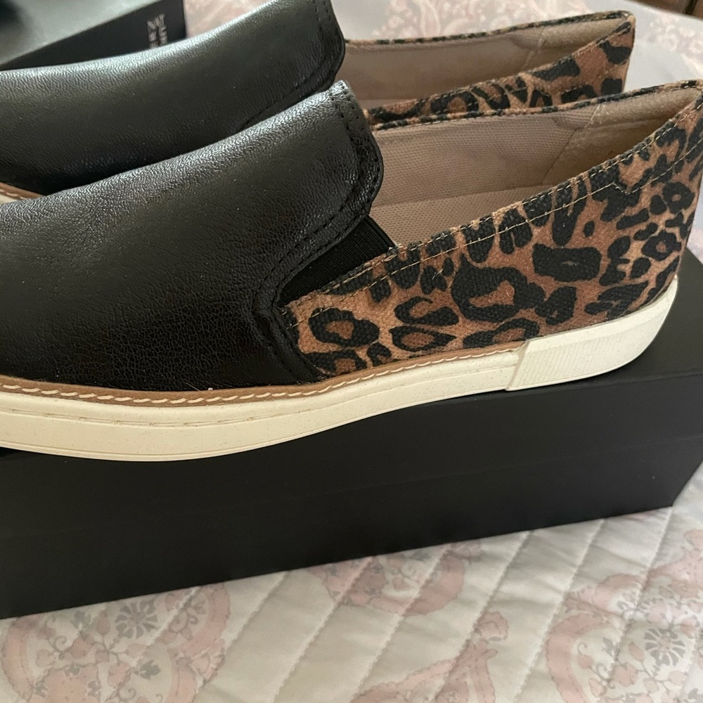 Black and leopard slip on shoes